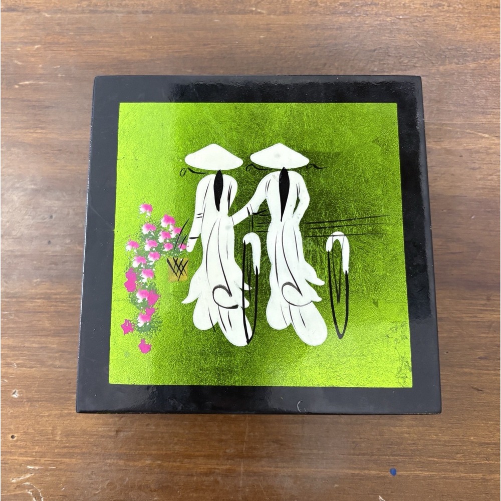Vintage Asian Lacquer Coaster Set of 6 MCM Green Figurative Boxed Retro Decor